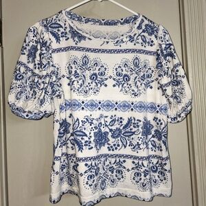 LOFT Blue and White Patterned Blouse